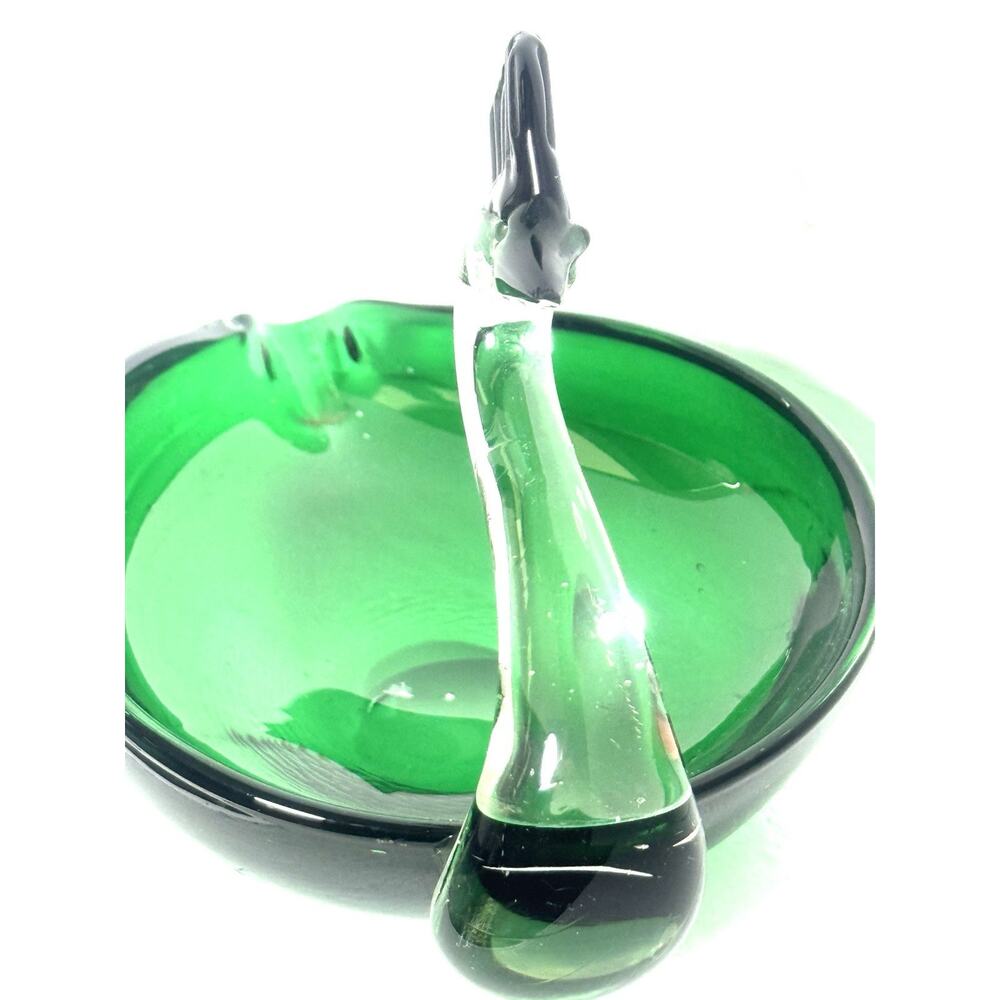 Vintage Norcrest Handblown Art Glass Emerald Green Swan Ashtray Trinket Dish - Picture 6 of 6